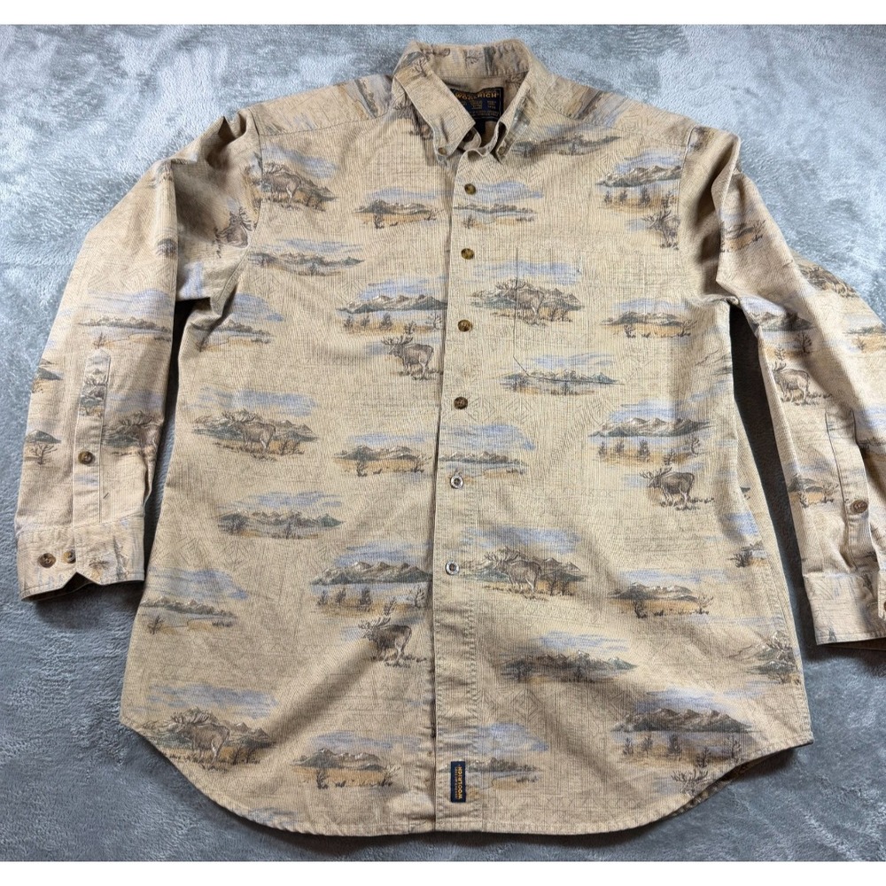 Woolrich Wildlife Print Button Down Shirt Men's L Elk Scene Outdoors Hunting